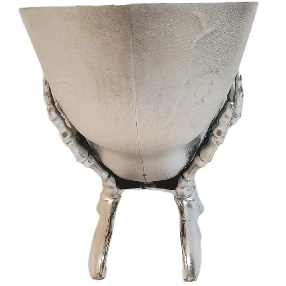 Halloween Skull Table Bowl Silver Metallic Chrome Candy Dish Skeleton Hands